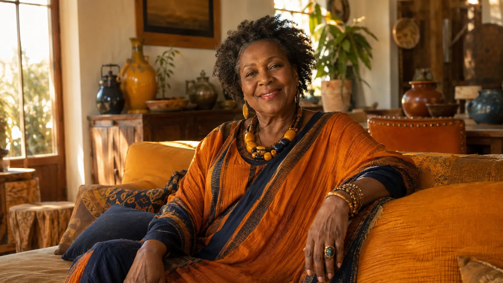 Femme mature souriante dans un intérieur chaleureux
