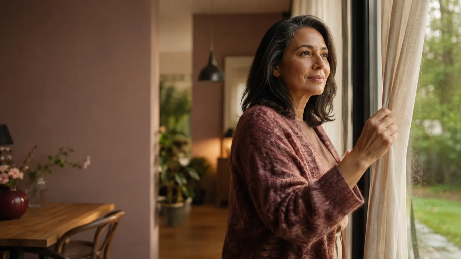 Femme à la cinquantaine, sereine près d’une fenêtre