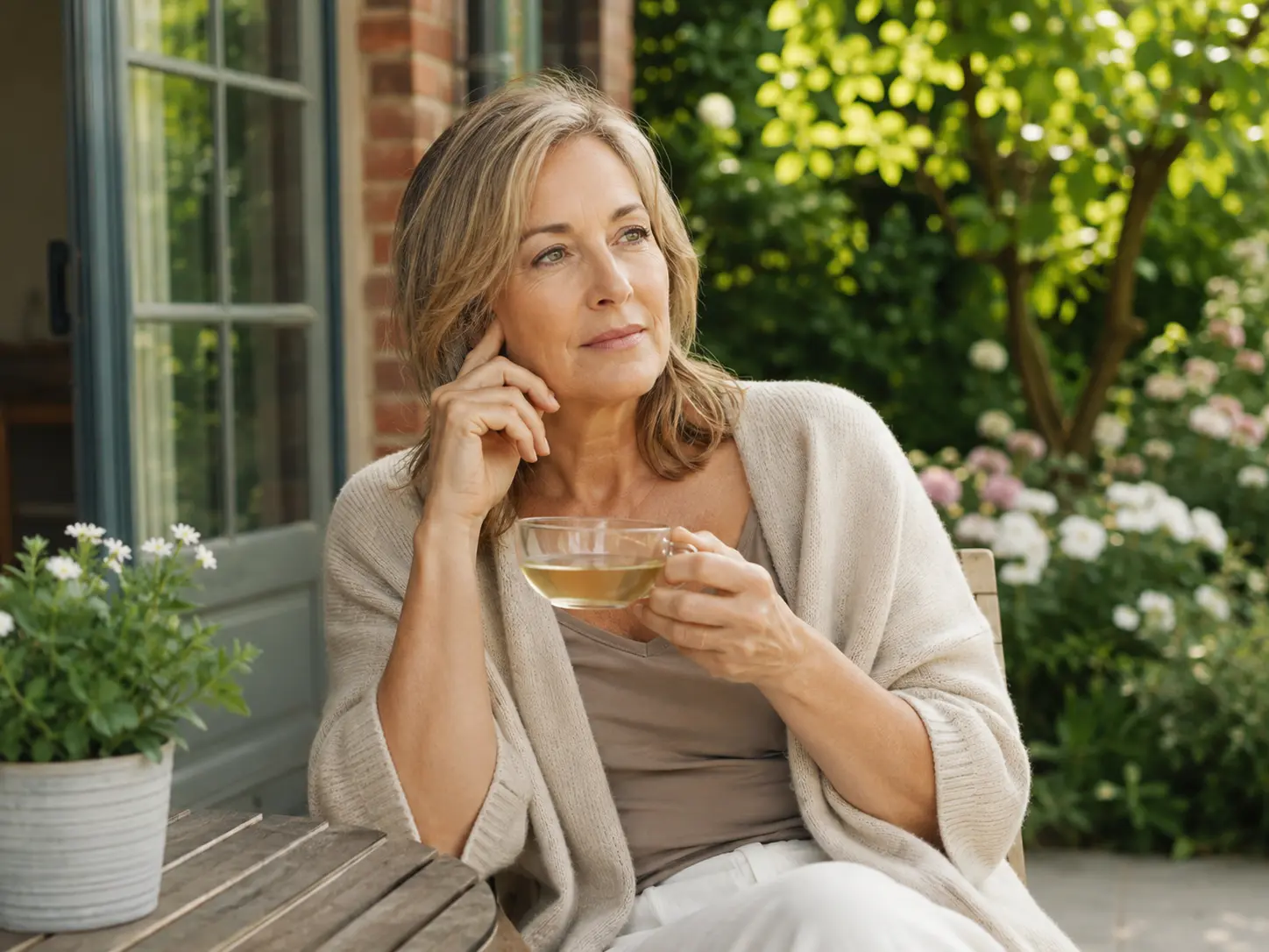 Femme prenant un moment de calme au jardin, illustration du bien-être à la ménopause